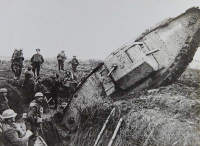 A tank comes to an unfortunate stop in a trench.